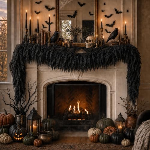 Black Halloween Mantle Garland Decor Gothic Garlands for Decorations 6Ft Fireplace Indoor Home Fall Decoration
