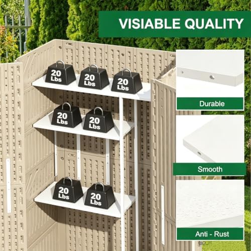 7x4 Ft Outdoor Storage Shed with Metal Shelving Kit, Waterproof Resin Storage Cabinet with Floor, All-Weather Tall Vertical Garden Shed for Garage, Patio, Backyard, Porch (Khaki)