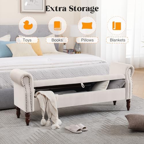 67" End of Bed Storage Bench King Size, Storage Bench for Bedroom, Velvet Bed Bench with Storage Upholstered Tufted Storage Ottoman Bench with Arms for Bedroom, Living Room, Entryway, Beige