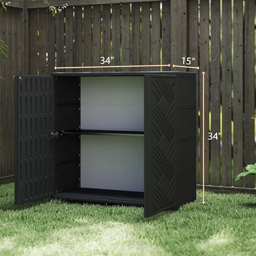 Diamond Cabinet with 1 Shelf, Black 33.5×15.1×34.3 Inch - Waterproof UV-Resistant Outdoor Storage for Patio, Poolside & Indoor - Store Brooms Trash Bins