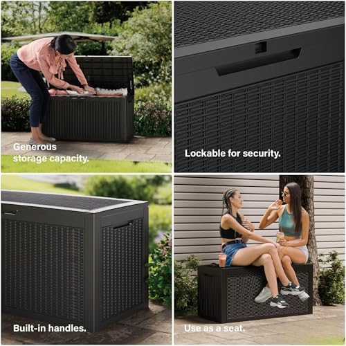 180 Gallon Resin Deck Box, Waterproof Outdoor Storage Bin for Patio Furniture, Pool Accessories, and Garden Tools, Lockable & UV-Resistant, Black