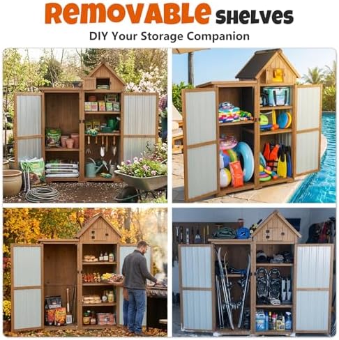 All-in-One Metal & Wood Outdoor Storage Cabinet with Top Compartment, Waterproof Asphalt Roof, Removable Shelves, Heavy-Duty Patio Garage Organizer