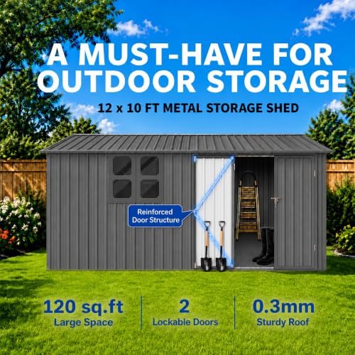 10x12 FT Outdoor Storage Shed, Large Metal Garden Shed with Window & Hinged Door, Upgraded Outside Tool Shed with Foldable Worktable & 2 Shelves, Waterproof Storage Building for Backyard, Gray