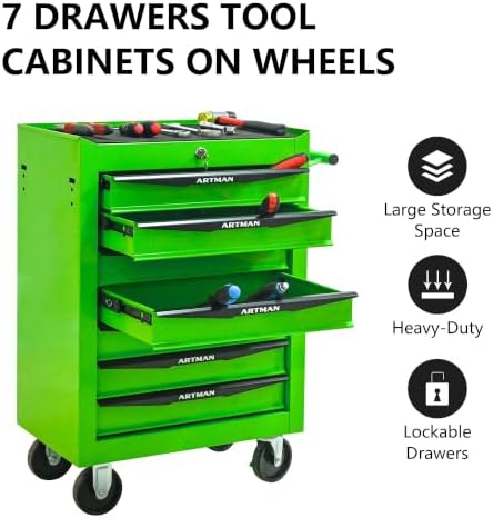 Heavy Duty 7-Drawer Rolling Tool Chest, Key Lock Tool Storage Cabinet with Lockable Casters & Drawer Liners, Mobile Tool Organizer Cart for Garage Workshop Warehouse Repair Shop (Green)