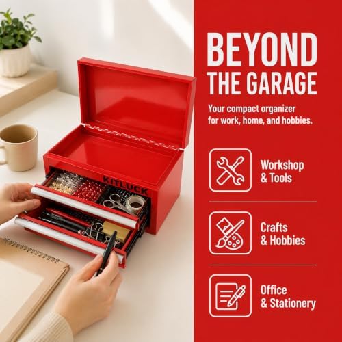 KITLUCK Mini Metal Tool Box, 2-Drawer Top Chest with Ball Bearing Slides, PVC Linerst, Durable Cold Rolled Steel Small Tool Organizer for DIY Home Office Multi-Purpose Storage,Red