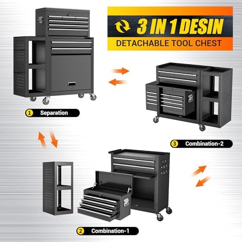 8-Drawer Rolling Tool Chest with Wheels, Lockable 3-in-1 Tool Box, Detachable Top Toolbox & Bottom Storage Cart with Side Hooks, Heavy Duty Steel Tool Cabinet for Garage, Workshop, Warehouse