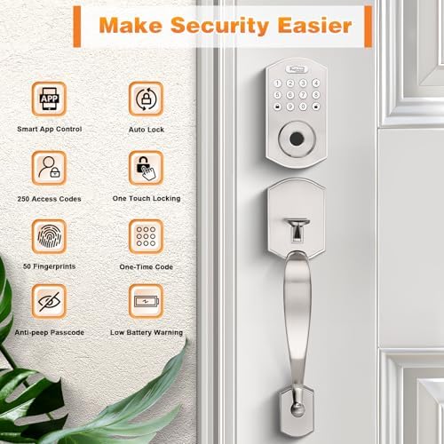 Probrico Smart Keyless Entry Door Lock Deadbolt,Front Door Handleset with Fingerprint Deadbolt, Electronic Digital Keypad Deadbolt Lock with Handle,App,Auto-Locking,Satin Nickel