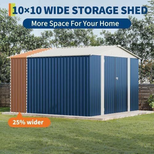 Garvee 10x10 FT Metal Storage Shed – Lockable Doors, Floor Frame, Blue