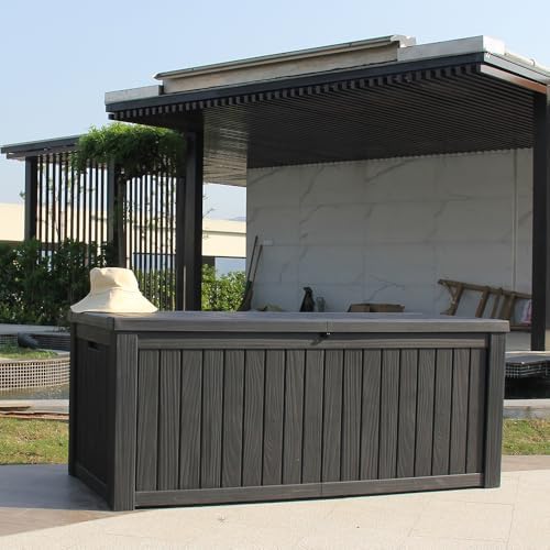 BTEXPERT 150 Gallon Large Resin Deck Box, Outdoor Storage Container with Metal Rods & Partition for Patio Furniture Cushions Garden Tools Equipment Waterproof Lockable UV Resistant