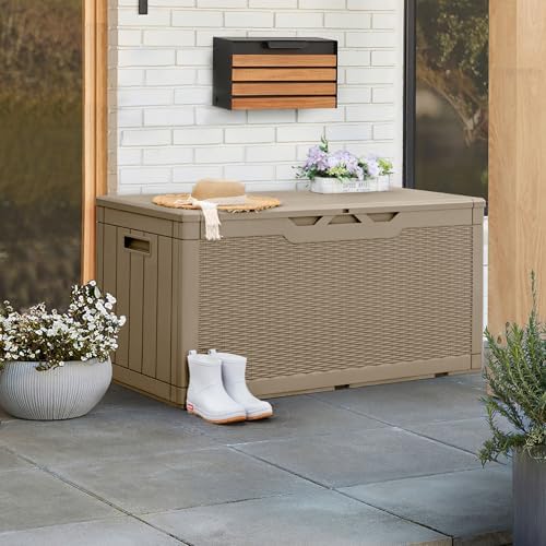 Greesum 100 Gallon Resin Patio Storage Box for Garden Tools, Coffee