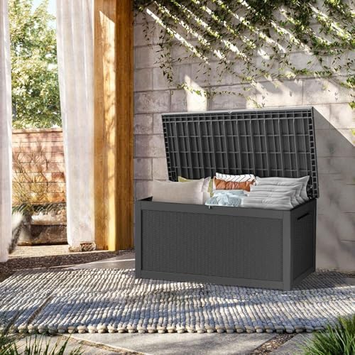 380 Gallon Outdoor Deck Box, Lockable Waterproof Outdoor Storage Boxes For Garden Tools,Indoor Cushions,Accessories Outside Storage Resin Weatherproof Container, Black