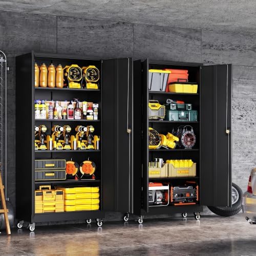 Metal Garage Storage Cabinet with Locking Doors and Adjustable Shelves, Wide & Deep Garage Cabinet on Wheels, 74.5" Rolling Tool Cabinet for Garage, Basement, Home Office