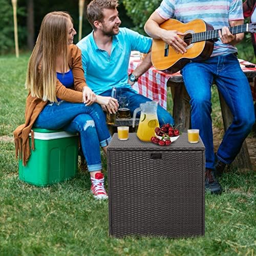 HAPPYGRILL Outdoor Storage Deck Box, 72 Gallon Square Wicker Patio Rattan Storage Container with Zippered Liner & Safe Pneumatic Rod, Outdoor Wicker Deck Box for Garden Tools Cushions
