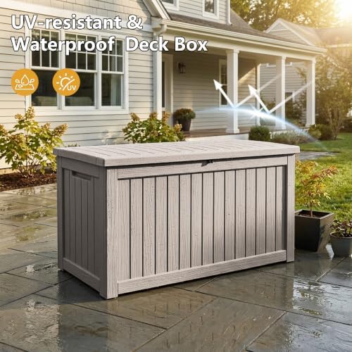 300 Gallon Outdoor Storage Box Waterproof Lockable Resin Deck Box Large, Patio Storage Bin for Pool Accessories Cushion Furniture, Garden Tools, UV-Resistant Outside Delivery Grey