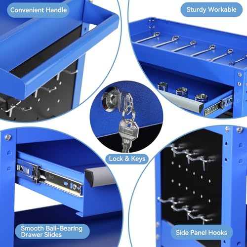 Tool Chest with Wheels, 3-Tier Rolling Tool Box with 1 Drawer & Hooks, Heavy Duty Utility Industrial Service Cart with Locking System Drawer for Garage, Warehouse & Repair Shop,Blue