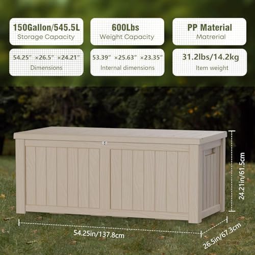 150 Gallon Outdoor Storage Box Patio Deck Box Waterproof, Resin Lockable Outside Large Storage Bin for Pool Cushion Furniture, Garden Tools UV-Resistant, Grey