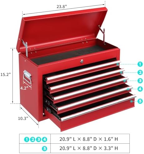 Winado 24" Metal Portable Tool Box with 5 Drawers, Lockable, Red