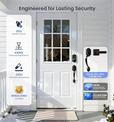 Veise VE017-H 8-in-1 Fingerprint Smart Front Door Lock Set, Matte Black