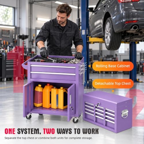 Bonusall 8 Drawer Rolling Tool Chest and Cabinet Combo,Heavy-Duty Metal Garage Tool Chest with Wheels and 2 Doors,2-in-1 Top Box and Roller Cabinet Combo for Garage, Workshop, Warehouse-Purple