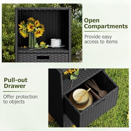 HAPPYGRILL Outdoor Storage Cabinet with Wheels, PE Rattan Wicker Storage