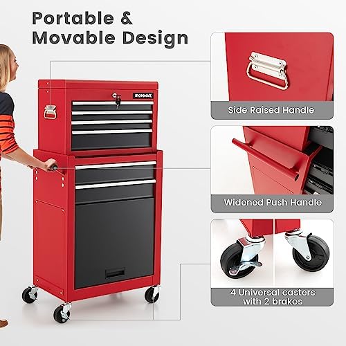 ERGOMASTER Rolling Tool Chest Cabinet Big Capacity Storage with Wheels and Lock Key, Portable Tool-Box Organizer with Sliding Drawers - 6 Drawers & BlackRed