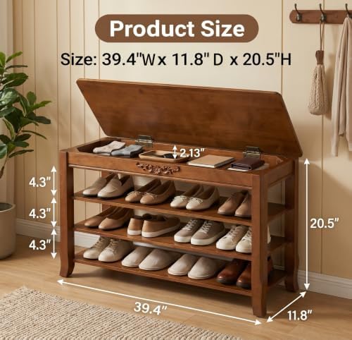 Shoe Rack Bench with Storage 3 Tier Solid Wood Entryway Shoe Rack 39.4"