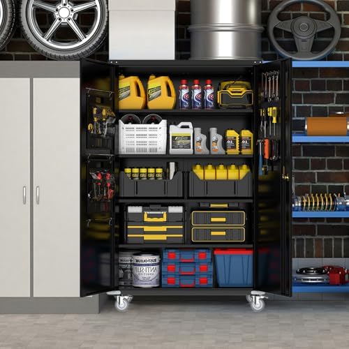 Yeeoy 72" Wide&Deep Metal Garage Storage Cabinet with Wheels, Black
