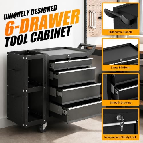 Tool Chest 6-Drawer, Heavy Duty Rolling Tool Chest with Stainless Steel Countertop/Side Drawer, Tool Cabinet with Lockable Drawers & 360° Wheels for Garage Storage, Workshop, Black