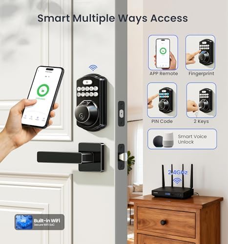 Veise VE012W-L WiFi Fingerprint Deadbolt Lock with Handle Set, Matte Black