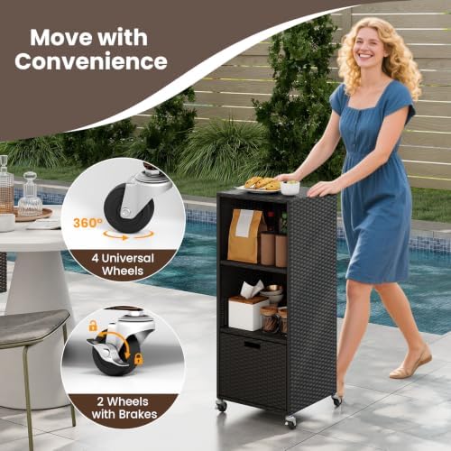 Tangkula Rattan Outdoor Storage Cabinet with 4 Wheels, Black