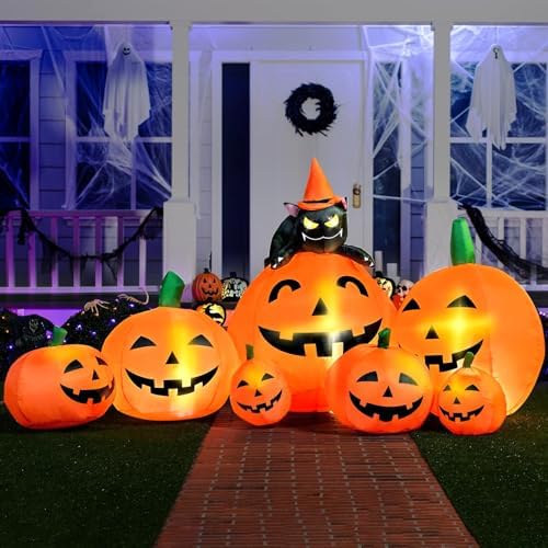 Joiedomi 7 FT Long Halloween Inflatables Pumpkin Outdoor Decorations, 7 Pumpkins Outside Decoration with Witch's Cat with Build-in LEDs Blow Up Inflatables for Party Yard Lawn Garden Decor