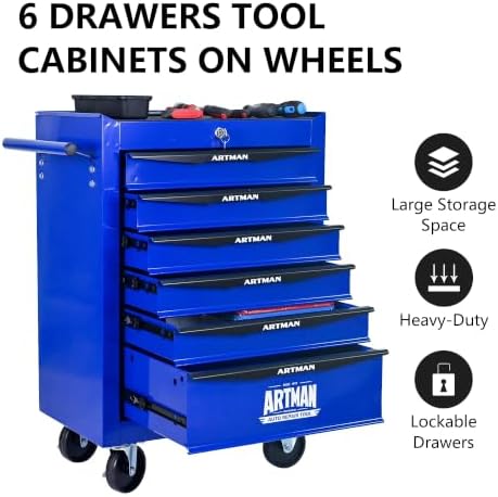 Heavy Duty 6-Drawer Rolling Tool Chest, Key Lock Tool Storage Cabinet with Lockable Casters & Drawer Liners, Mobile Tool Organizer Cart for Garage Workshop Warehouse Repair Shop (Blue)