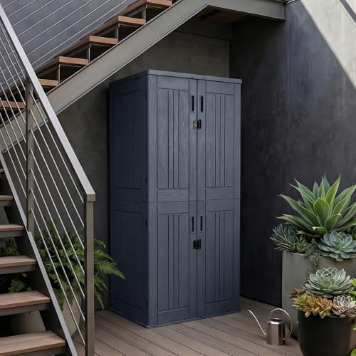 ZYJOYY Outdoor Storage Cabinet with 4 Shelves, 31.5" x 23.23" x 66.22" Grey Waterproof Resin Vertical Tool Shed, Lockable 30 cu.ft. Storage Shed for Patio, Garden, Yard