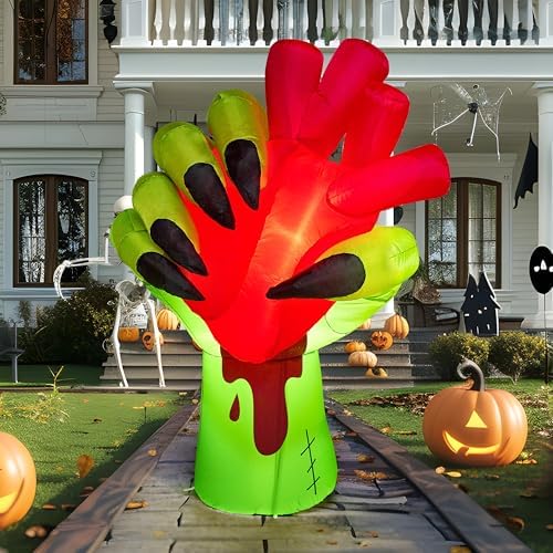 JOIEDOMI 5 Ft Halloween Inflatables Zombie Hand Outdoor Decorations, Blow Up Decors with Build-in LEDs and Pumping Heart, Halloween Inflatables Zombie Hand Party Decoration for Yard Garden Lawn