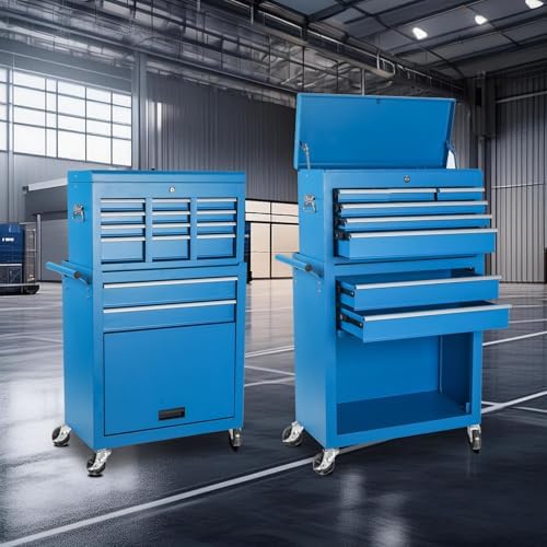 8-Drawer Rolling Tool Chest with Detachable Top Tool Box, Tool Cabinet with Universal Lockable Wheels, Mechanic Tool Organizer Storage Box for Garage Workshop Repair Shop Warehouse (Blue)