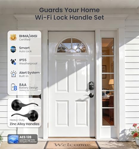 Veise VE012W-B Smart Wi-Fi Deadbolt Lock with Handle Set, Matte Black