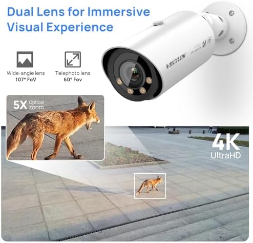 VIKYLIN 8MP Full Color Varifocal PoE IP Camera, Outdoor 4K Bullet Camera with 5X Optical Zoom 2.7~13.5mm Lens,Human/Vehicle Detection, Smart Dual Light, Bulit-in Mic, MicroSD(256GB), IP67