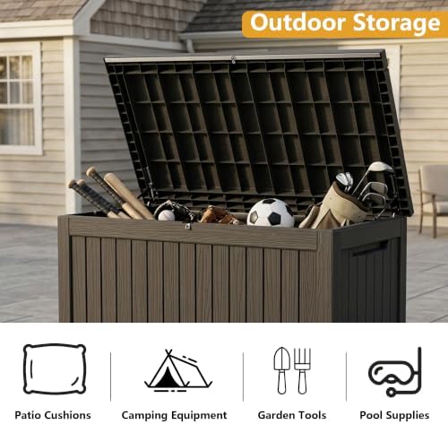 300 Gallon Outdoor Storage Box Waterproof Lockable Resin Deck Box Large, Patio Storage Bin for Pool Accessories Cushion Furniture, Garden Tools, UV-Resistant Outside Delivery Black