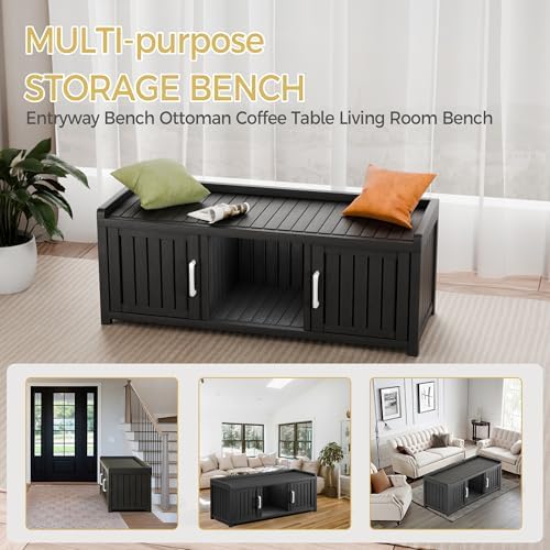 Storage Bench - Waterproof Resin Shoe Bench with Adjustable Shelves - Indoor & Outdoor Use, 2 Doors Entryway Bench with Hidden Storage Space - Storage Cabinet for Bedroom, Hallway, Black