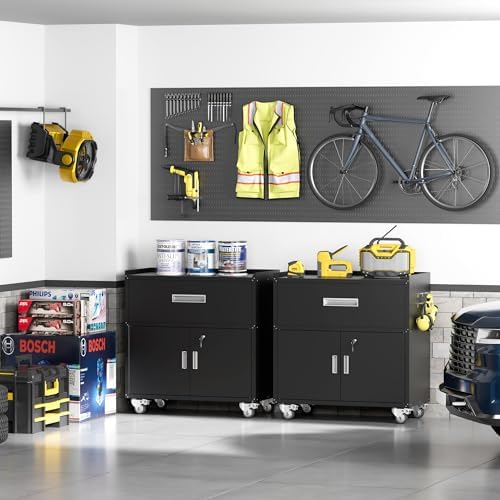 LCAOPC Metal Garage Storage Cabinet with Wheels, Lockable Rolling Tool Cabinet with Drawer, Tool Cabinet on Wheels, Metal Rolling Utility Cabinet for Home, Office, Garage and Workshop, Black