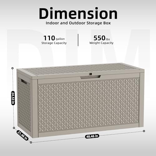 110 Gallon Outdoor Storage Box Waterproof, Resin Lockable Deck Box with Lid, Large Capacity Weatherproof Container for Patio Furniture, Side Table and Cushions(Grey, 110 Gallon)