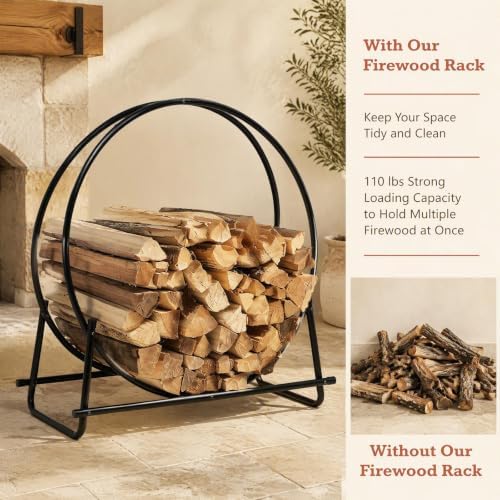 Goplus Firewood Rack, 32.5 Inch Outdoor Firewood Log Hoop with 440LBS Capacity, Heavy Duty Steel Wood Storage Rack, Indoor Firewood Holder for Fireplace Home Fire Pit