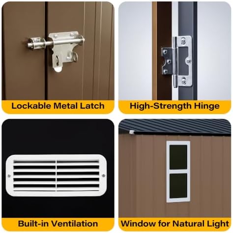 LAUSAINT HOME 10 x 12 FT Outdoor Storage Shed with Windows, Heavy Duty Galvanized Steel Storage Shed with Double Lockable Doors, Gable Roof & Air Vent for Backyard & Patio, Brown