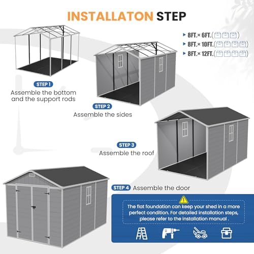 Amopatio 8X12 FT Resin Storage Shed with Floor Included, Plastic Outdoor Shed with Lockable Door, Window & Vents, for Lawnmower, Garden Tools, Pool Supplies, Grey & White