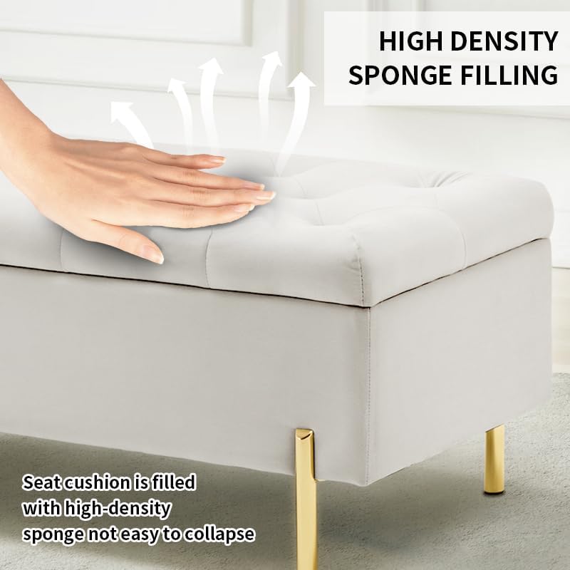 45.6 Inch Velvet Storage Bench Upholstered Tufted Settee Ottoman Bench with Storage, Bed End Bench with Soft Close Lid, for Bedroom, Living Room, Entryway, Rectangular Accent Bench, Beige
