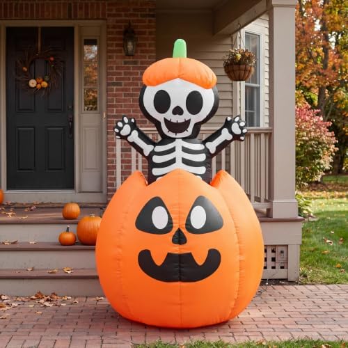 Joiedomi 5FT Halloween Animated Inflatables Outdoor Decorations, Inflatable Skeleton On Pumpkin with LEDs, Cute Blow Up Pumpkin Skeleton Decor for Outside Yard Indoor Lawn Garden Party Decoration