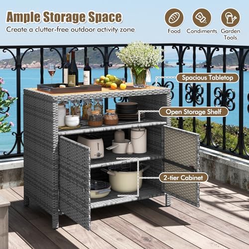 HAPPYGRILL Outdoor Rattan Storage Cabinet, Patio Sideboard Buffet Cabinet with Acacia Wood Countertop, Open Shelf & 2 Door Cabinet, Wicker Storage Organizer for Garden Tools (Mixed Grey)