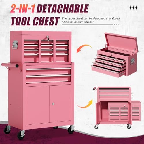 10-Drawer Rolling Tool Chest with wheels, Lockable 2-in-1 Tool Box