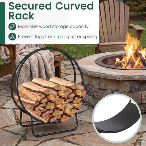 HAPPYGRILL 20” Firewood Log Hoop, Heavy Duty Metal Firewood Rack w/U-shaped Stand, Indoor Outdoor Round Wood Storage Holder for Fireplace, Patio, Deck, Backyard, Black Powder Coated, No Assembly