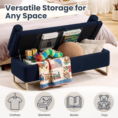 52" Storage Bench for Bedroom Upholstered End of Bed Bench Gold Leg Blue